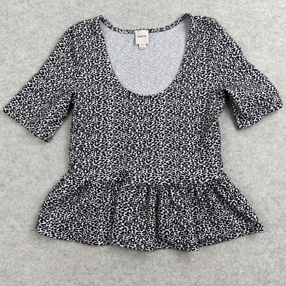 Maeve Black Leopard Print Peplum Scoop Neck Short Sleeve Jersey Top Womens M